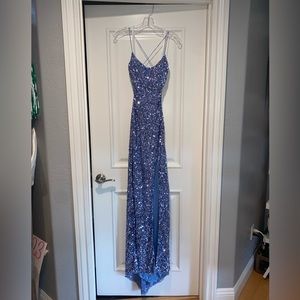 light blue sequence long dress with slit and train!